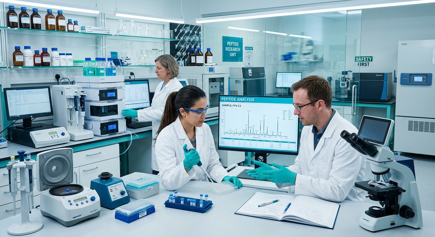 Scientific laboratory with researchers examining peptide samples