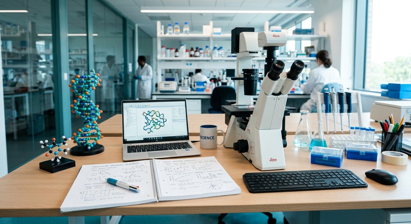 Science research desk with molecular models and microscope