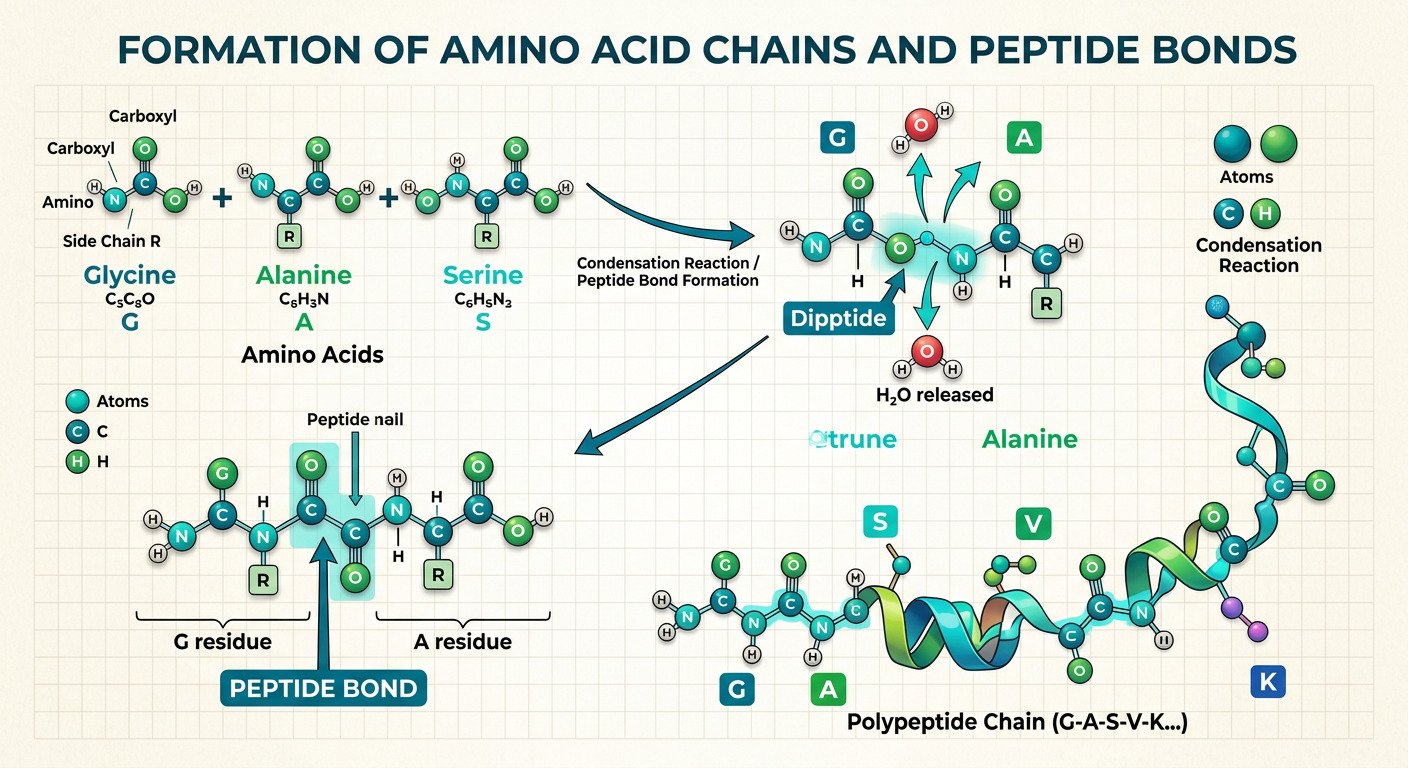 Molecular structures and amino acid chains illustration
